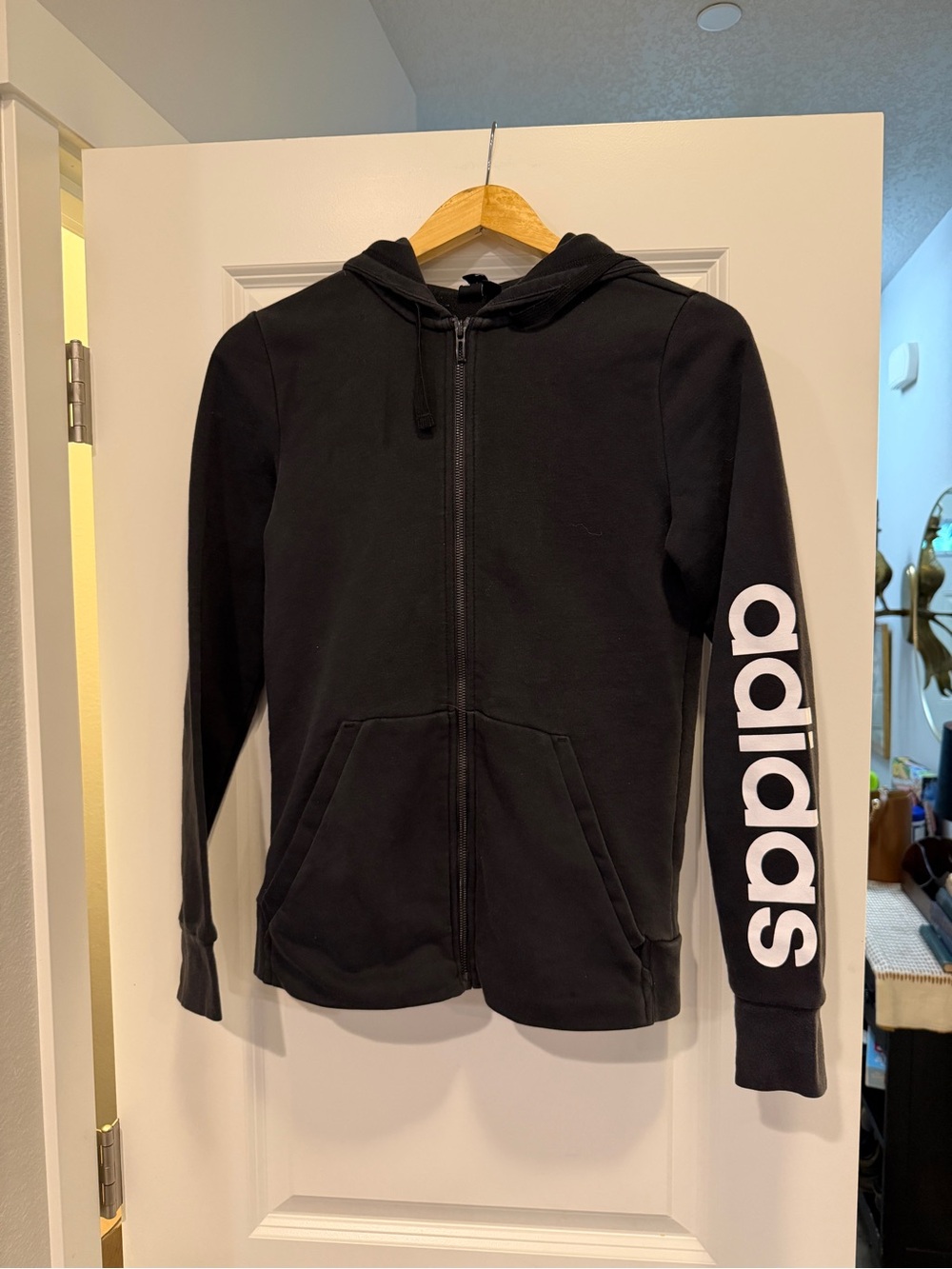 adidas Black Kids Full-Zip Hoodie with White Sleeve Logo